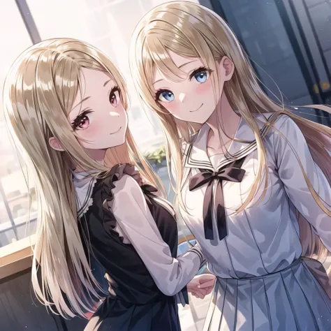 high quality, best quality, masterpiece, absurdres, 2girls, blonde, (rooftop), dusk, sky, outdoors
AND 2girls, morisaki alesia yu, reflector, [red_eyes, blond_hair], smile, looking_at_another
AND 2girls, morisaki alesia yu, uniform, [blue_eyes, blond_hair], smile, looking_at_another
AND 2girls, [yuri], rooftop, dusk, orange_sky, (sunlight, lens_flare, light_beams), <lora:yu-000008:0.5>