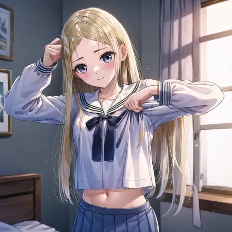 (high quality, best quality), morisaki alesia yu, uniform, 1girl, <lora:yu-000008:0.75>, solo, bedroom, blush, ing, navel, shirt_lift