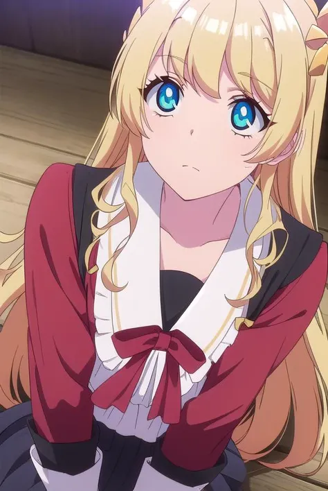 ((best quality)),((highly detailed)),masterpiece,absurdres,detailed face,beautiful face,(detailed eyes, deep eyes),(1girl),((dynamic pose)), <lora:minamiV1_FullRelease:0.7>, minami, blonde hair, long hair, solo, scarf, blue eyes, school uniform, red scarf, looking down, jacket, cleavage, very long hair, breasts, sitting, blush, blazer, cardigan, ribbon, upper body, long sleeves, medium breasts, bangs, sidelocks, scarf covering mouth