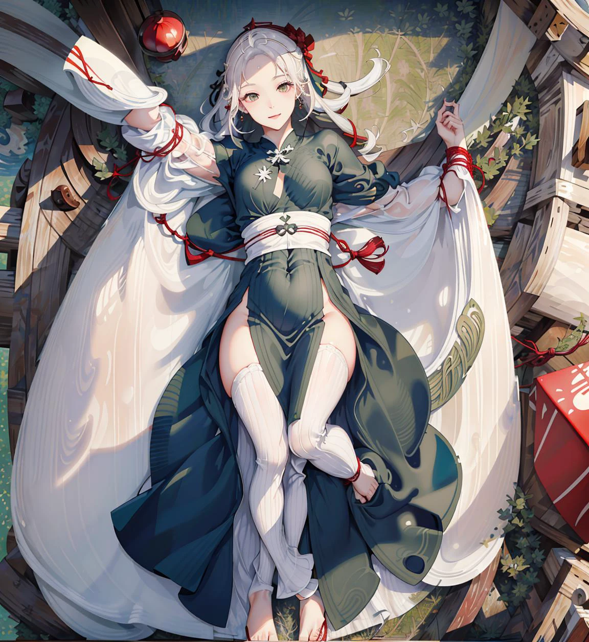 [green bamboo leaf background:1.2],from above,full body,1girl,white hair,black eyes,white china dress,(girl bound in red rope:1.25),(bound:1.2),(lying on a long bamboo leaf:1.15),looking at viewers,(zongzi:1.25),best picture quality,