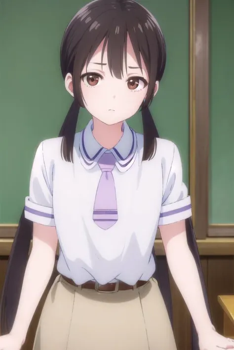 hanakohonda, <lora:hanako honda s1-lora-nochekaiser:1>,
hanako honda, long hair, black hair, twintails, (brown eyes:1.5), low twintails,
BREAK dress, school uniform, necktie, belt,
BREAK indoors, classroom,
BREAK looking at viewer, (cowboy shot:1.5),
BREAK <lyco:GoodHands-beta2:1>, (masterpiece:1.2), best quality, high resolution, unity 8k wallpaper, (illustration:0.8), (beautiful detailed eyes:1.6), extremely detailed face, perfect lighting, extremely detailed CG, (perfect hands, perfect anatomy),