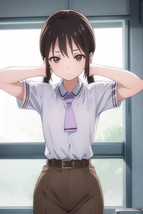 hanakohonda, <lora:hanako honda s1-lora-nochekaiser:1>,
hanako honda, long hair, black hair, twintails, (brown eyes:1.5), low twintails,
BREAK dress, school uniform, necktie, belt,
BREAK indoors, classroom,
BREAK looking at viewer, (cowboy shot:1.5),
BREAK <lyco:GoodHands-beta2:1>, (masterpiece:1.2), best quality, high resolution, unity 8k wallpaper, (illustration:0.8), (beautiful detailed eyes:1.6), extremely detailed face, perfect lighting, extremely detailed CG, (perfect hands, perfect anatomy),