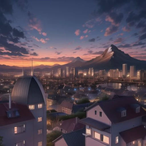 architecture, building, city, cityscape, cloud, cloudy_sky, fantasy, mountain, no_humans, scenery, sky, skyscraper, sunset, tree, twilight, window