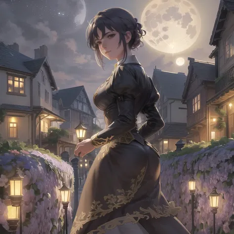 masterpieces, in a conner of street,golden ration, paved road, fantasy, medieval, house, signs, flower bushes on the balcony, lights from house, moonlight, candlelight lampposts, full moon, clouds, stars, highres, colorful, ultra detailed,medieval setting, highly detailed, digital painting, artstation, concept art, sharp focus, illustration, intricate, 8k, highly detailed, volumetric lighting, digital painting, intense, sharp focus, art by artgerm and rutkowski and alphonse mucha, cgsociety, Clear art