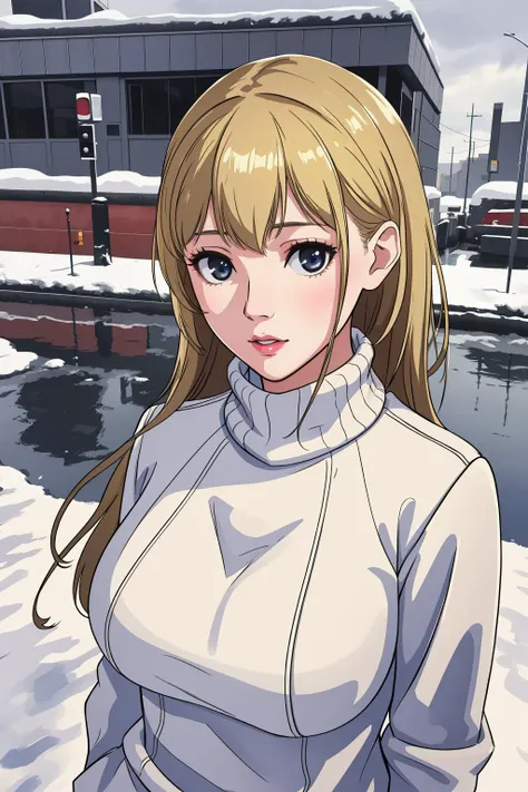 1 girl,sweater,casual outfit,city style,<lora:North Carolina:0.6>,snow on the ground,(best quality, high quality, high resolution), realistic, ultra-detailed, highly detailed face features, absurdres, realistic lighting and reflections, highly detailed face features, best photo,high quality illustration