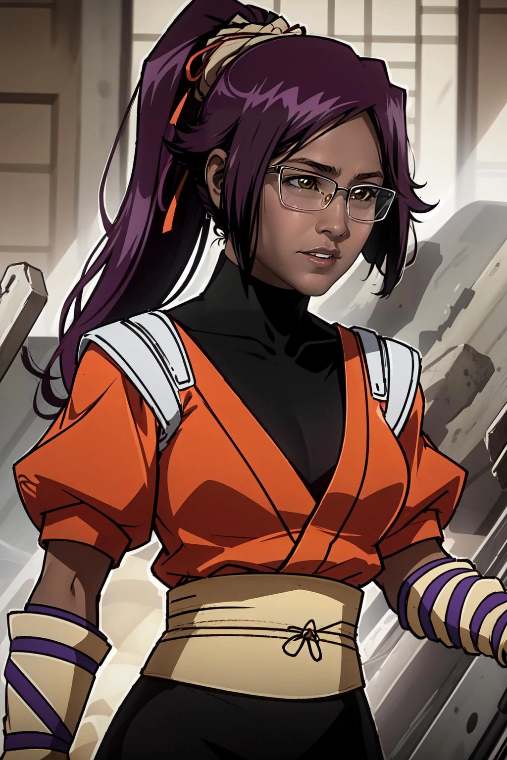 (masterpiece, best quality), intricate details,
1girl, <lora:Yorui-v4:0.8> orange shirt, shihouin yoruichi, 1girl, solo, dark skinned female, dark skin, ponytail long hair, parted bangs, purple hair, yellow eyes,
<lora:E:0.8> E,