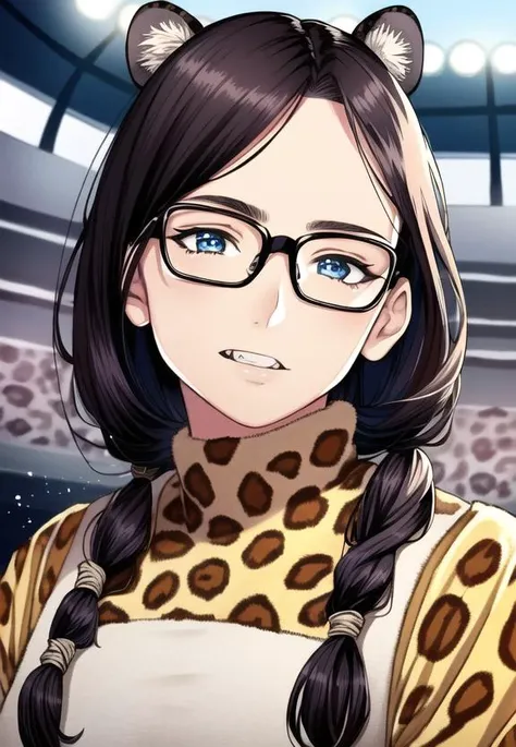 ((best quality)), ((highly detailed)), masterpiece, extremely detailed face, beautiful face, (detailed eyes, deep eyes), (1girl), (glasses), upper body, -(leopard girl), leopard ears, leopard tail, leopard-print fur, large fangs, (at a stadium), <lora:HamadaYoshikazuArtist-22:1>, hamadastl