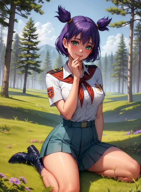 (Masterpiece, Best Quality, Highres :1.2), volumetric lighting, fine detail, perfect face, 1Girl,un, purple hair ,two sides up short hair,green eyes, medium breasts, in shadow, <lora:LenaLoraV1:0.75> school uniform, dutch angle, spruce trees, spruce forest, sitting on grass behind bushes, surrounded by thick foliage, wild flowers, seiza, expecting, exited, blushing, smiling, hand on face, black boots