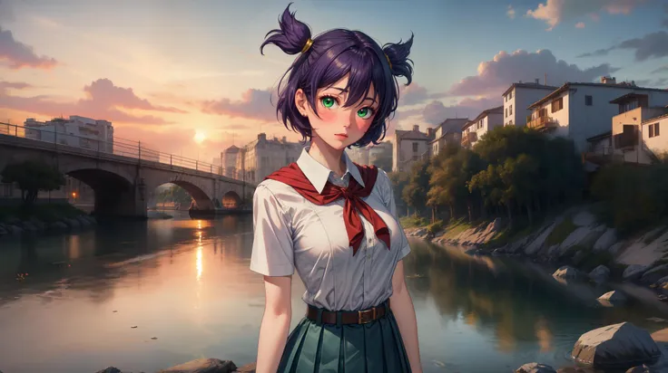 depth of field, (masterpiece, best quality:1.2), <lora:add_detail:0.7>, <lora:LenaLoraV1:0.7>, green eyes, shirt, skirt, purple hair, white shirt, short sleeves, breasts, neckerchief, short hair, belt, bangs, pleated skirt, blue skirt, collared shirt, hair between eyes, one side up, shirt tucked in, confused, blush, medium breasts, sunset, river, beach,