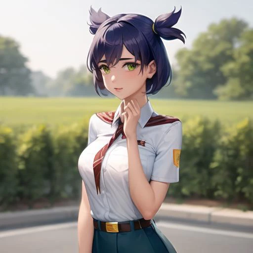 (un:1.0), 1girl, solo, simple background, green eyes, shirt, skirt, looking at viewer, day, purple hair, white shirt, short sleeves, breasts, short hair, blush, belt, bangs, pleated skirt,  blue skirt, school uniform, collared shirt, hair between eyes, shirt tucked in, standing, upper body, medium breasts, cloud, <lora:lenalora_v1:1>, full body,