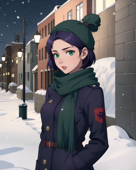 masterpiece, best quality, green eyes, deiailed eyes, purple hair, short hair, two sides up, small breasts, long purple coat, green scarf, winter hat, winter, night, street, snow, outdoors, <lora:V5FullClose1Art1:0.8>