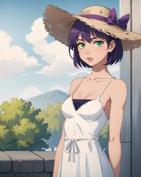 masterpiece, best quality, green eyes, deiailed eyes, purple hair, short hair, small breasts, summer white dress, wide summer hat, outdoors, <lora:V5FullClose1Art1:0.8>