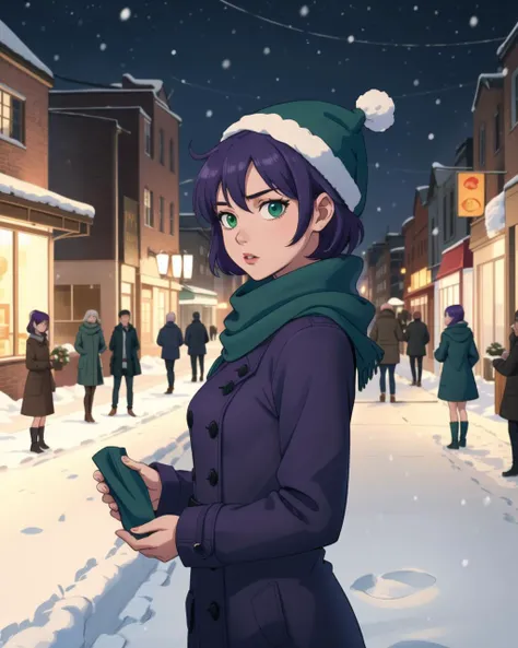 masterpiece, best quality, green eyes, deiailed eyes, purple hair, short hair, two sides up, small breasts, long purple coat, green scarf, winter hat, winter, night, street, snow, outdoors, <lora:V5FullClose1Art1:0.8>