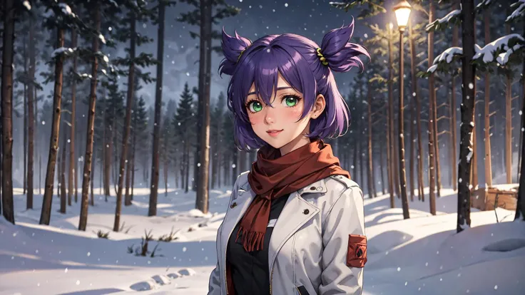(best quality, masterpiece, colorful, highest detailed) upperbody shot, <lora:V5FullClose1Art1:0.7>, un, purple hair, short twintails, short hair, green eyes, large breasts, 1girl, solo, hair between eyes, bokeh, (official art), winter, show, snowing, forest, fantasy, night, looking at viewer, scarf, smile, blush, HDR, RTX, winter jacket, gloves, cute, atmospheric, highly detailed background, perfect lightingbest quality, outdoors, red scarf, grey coat, winter clothes, closed mouth, pink lips,