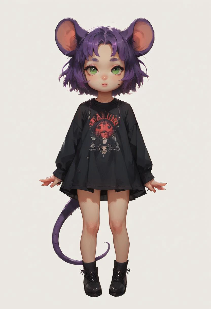 score_9,score_8_up,score_7_up,very aesthetic ,1mouse girl,forehead ,short stack girl, cute, pretty, petite, ,simple background, full body , tail,
un (short hair, two sides up, purple hair, green eyes) <lora:LenaPonyV1:0.45>
<lora:Expressive_H:0.8> <lora:g0th1cPXL:0.8>