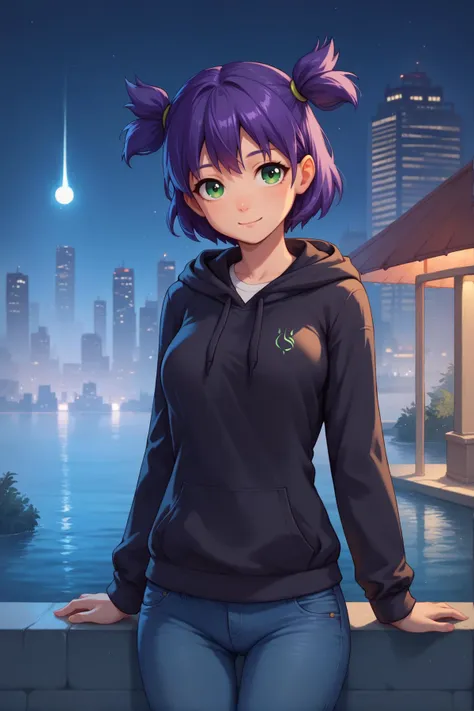 score_9,score_8_up,score_7_up,<lora:Expressive_H:1>,1girl,<lora:LenaPonyV1:0.75>,purple hair,short hair,twintails,short twintails,green eyes,two side up,cowboy shot,looking at viewer,hoodie,black jacket,jeans,outdoors,night,water,skyline,medium breasts,(smile:0.6),