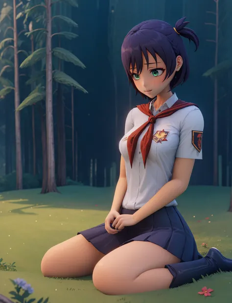 masterpiece, best quality, extreme detail, cgi, 3d, octane render, absurdres, volumetric lighting, <lora:vicinekoStyleLora284_v11:1.1> 1Girl,un, purple hair ,two sides up short hair,green eyes, medium breasts, in shadow, <lora:LenaLoraV1:0.75> school uniform, dutch angle, spruce trees, spruce forest, sitting on grass behind bushes, surrounded by thick foliage, wild flowers, seiza, expecting, exited, blushing, smiling, hand on face, black boots