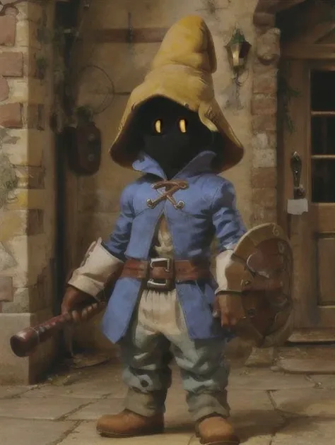 <lora:alkemanubisStyle_alkemanubisV1:.75> alkemanubis, <lora:viviOrnitierFinal_vivifinalfantasy0:.75> vivi, vivi ornitier (final fantasy), holding a glowing shield