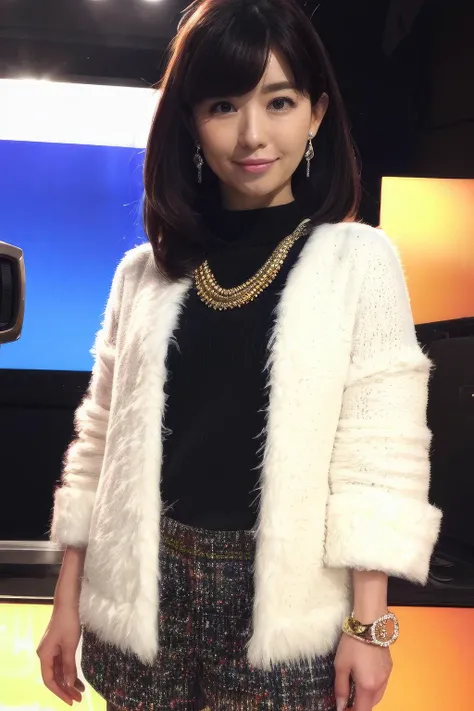 masterpiece,beautiful,extremely detailed,finely detailed,exquisite,(ultra high res),(8k UHD best quality), (realistic, photo-realistic:1.37), depth_of,blurry_background, photo_inset,Dramatic lighting,reference_inset,photo_background,photorealistic,looking_at_viewer,1girl,detailed skin,shiny skin,(((tv studio))),(((full body))),yumiko <lora:yumiko matsuo:1>