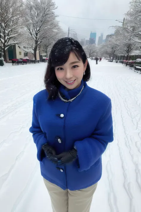 masterpiece,beautiful,extremely detailed,finely detailed,exquisite,(ultra high res),(8k UHD best quality), (realistic, photo-realistic:1.37), depth_of,blurry_background, photo_inset,Dramatic lighting,reference_inset,photo_background,photorealistic,looking_at_viewer,1girl,solo,detailed skin,shiny skin,(((gloves))),upper body,(((city in the snow. Depict a metropolis covered in a blanket of snow, exuding a serene and enchanting winter charm))),yumiko <lora:yumiko matsuo:1>