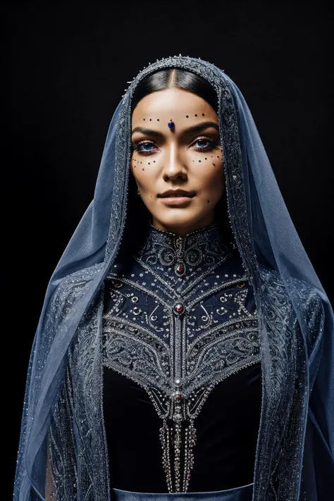 Fashionable portrait of androgynous alien looking witch wearing veil, glowing eyes, futuristic design, givenchy, photoreal, 200mm, hd, f/ 2.0, highly detailed, surreal , drop dead, in the style of red and blue, (intricate details, hyperdetailed:1.15) (skin texture:1.2) <lora:Rachel_Zegler_512x768:0.84>