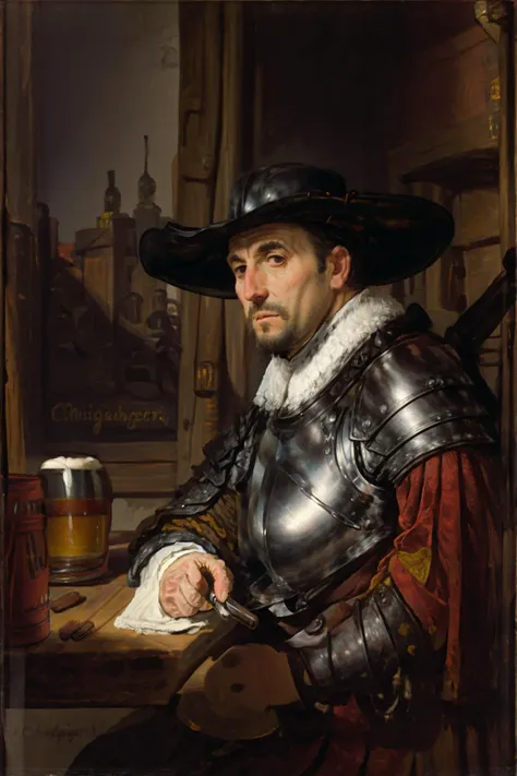 <lora:epi_noiseoffset-v2:0.9> <lora:PeterSellers:0.8> <lora:style-rembrandt:1> <lora:landsknecht:0.6> Peter Sellers as a landknt with armor, with a wide hat, sitting in a cozy (medieval tavern:1.2), a big (mug of beer:1.2) before him, (dark corners:1.3), dark background, candles, masterpiece, by Rembrandt, (chiaroscuro:1.2), man, 40 yo