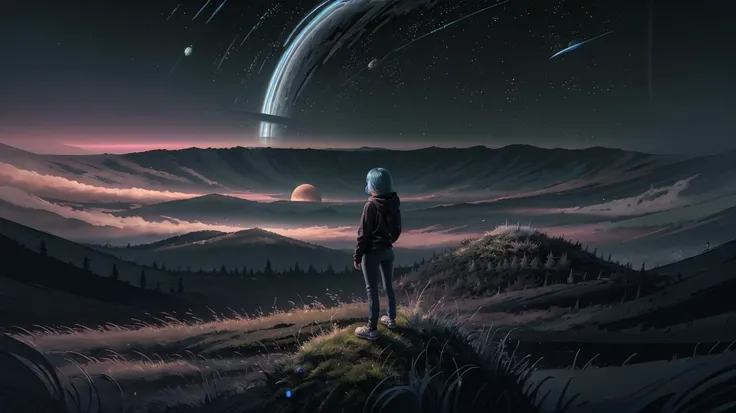 masterpiece, best quality, high quality,(extremely detailed CG unity 8k wallpaper), ((1girl)), "A 25 year old woman with a black hoodie and black jeans with gradient blue hair standing in a mossy, rocky field with a gas giant planet hanging in the sky.", clouds, planet, scifi, technology, beautiful colors, bright colors