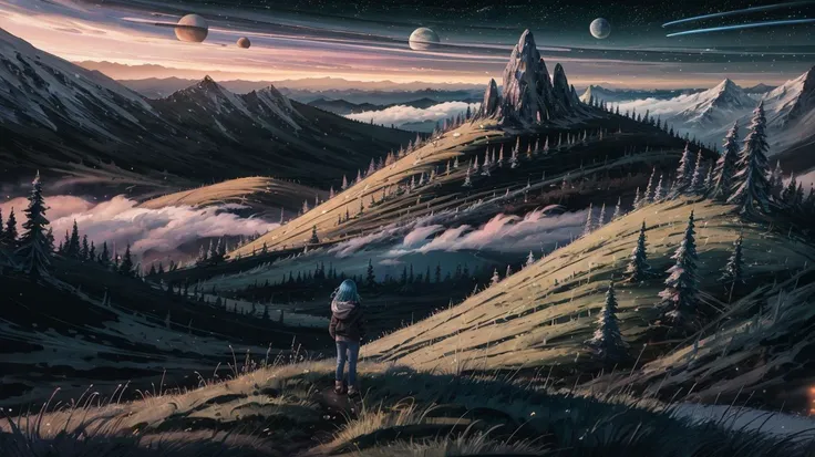 masterpiece, best quality, high quality,(extremely detailed CG unity 8k wallpaper), ((1girl)), "A 25 year old woman with a black hoodie and black jeans with gradient blue hair standing in a mossy, rocky field with a gas giant planet hanging in the sky. Camping supplies are laying on the ground around her", clouds, planet, scifi, technology, beautiful colors, bright colors