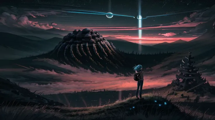 masterpiece, best quality, high quality,(extremely detailed CG unity 8k wallpaper), ((1girl)), "A 25 year old woman with a black hoodie and (black jeans) with gradient blue hair standing in a mossy, rocky field with a ((gas giant hanging in the sky)). Camping supplies are laying on the ground around her", clouds, planet, scifi, technology, beautiful colors, bright colors