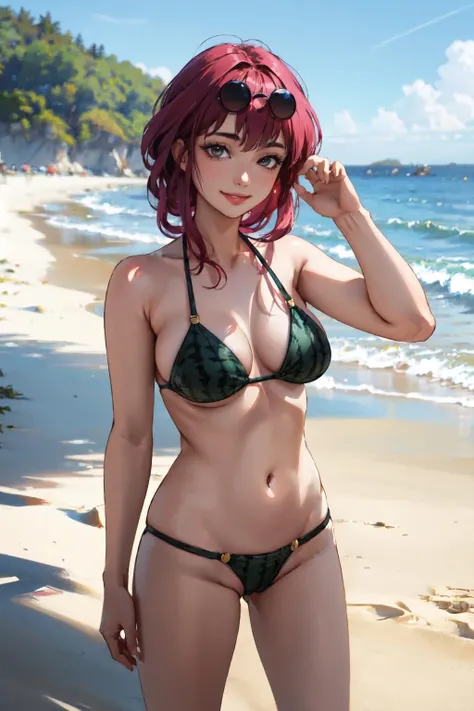 (masterpiece, best quality:1.2), solo, 1girl, kafka, smile, looking at viewer, eyewear on head, bikini, watermelon print, beach <lora:hsr_kafka_v11-10:0.8> <lora:attire_watermelonprint-10:1>
