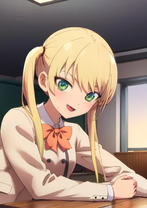 (masterpiece, best quality:1.2), extremely detailed, soft ambient lighting, sharp focus, 4K, BREAK <lora:mirika:1>, 1girl, solo, mirika, blonde hair, twintails, school uniform, green eyes, long hair, fang, BREAK across table, elbows on table, looking at viewer