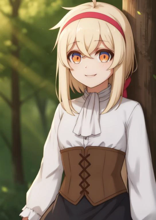 (masterpiece, best quality:1.2), extremely detailed, soft ambient lighting, sharp focus, 4K, BREAK <lora:alyssa:0.7>, alyssawz, 1girl, solo, orange eyes, black gloves, very long hair, blonde hair, red hairband, black skirt, white shirt, long sleeves, white ascot, ahoge, corset, frills, hair ribbon, black cloak, BREAK outdoors, forest, red cap mushrooms, looking at viewer, smiling,