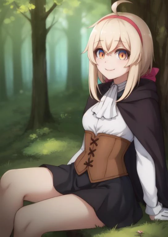 (masterpiece, best quality:1.2), extremely detailed, soft ambient lighting, sharp focus, 4K, BREAK <lora:alyssa:0.7>, alyssawz, 1girl, solo, orange eyes, black gloves, very long hair, blonde hair, red hairband, black skirt, white shirt, long sleeves, white ascot, ahoge, corset, frills, hair ribbon, black cloak, BREAK outdoors, forest, mushrooms, mushroom forest, looking at viewer, smiling, sitting