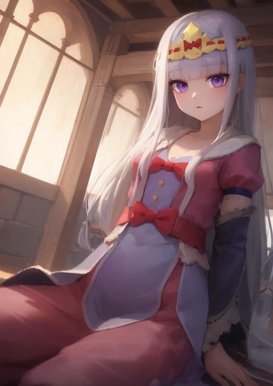 (masterpiece, best quality:1.2), extremely detailed, soft ambient lighting, sharp focus, 4K, BREAK <lora:aurora:1>, 1girl, solo, aurora, princess syalis, princess dress, silver hair, purple eyes, expressionless, looking at viewer, BREAK