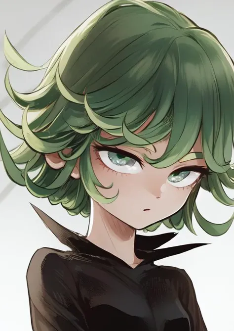 (masterpiece, best quality:1.2), extremely detailed, soft ambient lighting, sharp focus, 4K, BREAK <lora:Tatsumaki:1>, tatsumaki, iom, 1girl, solo, looking at viewer, long black dress, short green hair, bright green eyes