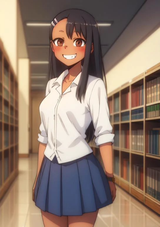 (masterpiece, best quality:1.2), extremely detailed, soft ambient lighting, sharp focus, 4K, BREAK <lora:Nagatoro_V3:0.8>, 1girl, solo, nagatoro hayase, hair ornament, brown eyes, hairclip, dark skin, black hair, school uniform, white shirt, navy blue skirt, BREAK indoors, school library, looking at viewer, grin,