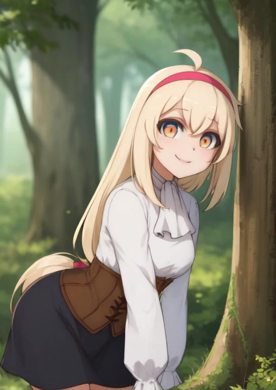 (masterpiece, best quality:1.2), extremely detailed, soft ambient lighting, sharp focus, 4K, BREAK <lora:alyssa:0.7>, alyssawz, 1girl, solo, orange eyes, black gloves, very long hair, blonde hair, red hairband, black skirt, white shirt, long sleeves, white ascot, ahoge, corset, frills, hair ribbon, black cloak, BREAK outdoors, forest, mushrooms, mushroom forest, looking at viewer, smiling, leaning forward, leaning towards viewer,