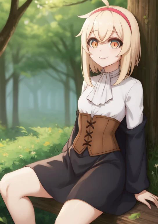 (masterpiece, best quality:1.2), extremely detailed, soft ambient lighting, sharp focus, 4K, BREAK <lora:alyssa:0.7>, alyssawz, 1girl, solo, orange eyes, black gloves, very long hair, blonde hair, red hairband, black skirt, white shirt, long sleeves, white ascot, ahoge, corset, frills, hair ribbon, black cloak, BREAK outdoors, forest, mushrooms, mushroom forest, looking at viewer, smiling, sitting