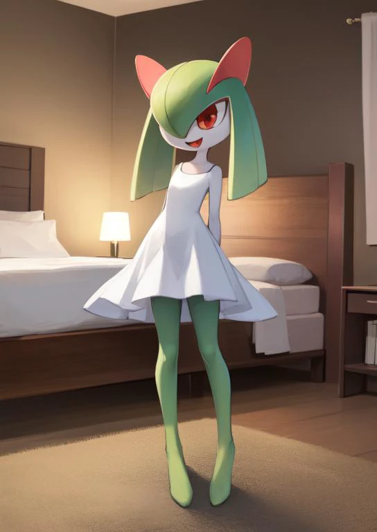 (masterpiece, best quality:1.2), extremely detailed, soft ambient lighting, sharp focus, 4K, BREAK <lora:kirlia_v1:0.8>, kirlia, green hair, red eyes, white dress, green skin, daring smile, open mouth, BREAK indoors, bedroom, standing in bed, legs apart, arms crossed