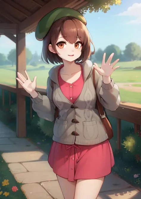 (masterpiece, best quality:1.2), extremely detailed, soft ambient lighting, sharp focus, 4K, BREAK <lora:Gloria:0.8>, gloria, grey cardigan, pink dress, green beret, BREAK outdoors, nature, english countryside, looking at viewer, standing, one-hand waving