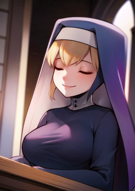 (masterpiece, best quality:1.2), extremely detailed, soft ambient lighting, sharp focus, 4K, BREAK <lora:Double:0.7>, Double, nun, short blonde hair, smile , closed eyes, medium breasts