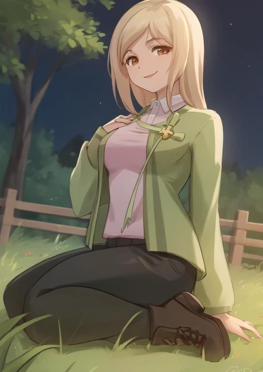 (masterpiece, best quality:1.2), extremely detailed, soft ambient lighting, sharp focus, 4K, BREAK <lora:MiyoTakano:1>, Miyo, ribbon, cross, pink blouse, green jacket, pants, smile, BREAK outdoors, grass path, nature, wooden fence, looking at viewer,
