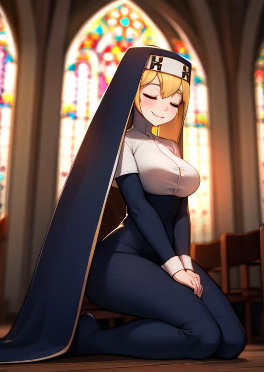 (masterpiece, best quality:1.2), extremely detailed, soft ambient lighting, sharp focus, 4K, BREAK <lora:Double:0.7>, 1girl, solo, Double, nun, short blonde hair, smile , closed eyes, medium breasts, BREAK indoors, church, praying, kneeling