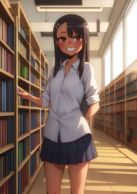 (masterpiece, best quality:1.2), extremely detailed, soft ambient lighting, sharp focus, 4K, BREAK <lora:Nagatoro_V3:0.8>, 1girl, solo, nagatoro hayase, hair ornament, brown eyes, hairclip, dark skin, black hair, BREAK indoors, school library, standing, looking at viewer, grin