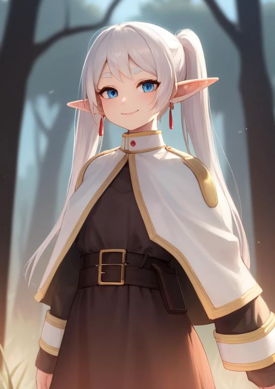 (masterpiece, best quality:1.2), simple details, soft ambient lighting, sharp focus, 4K, BREAK <lora:frieren:0.7>, 1girl, solo, frieren, long white hair, blue eyes, pointy ears, twintails, jewelry, elf, earrings, capelet, white capelet, long sleeves, parted bangs, dress, belt, flower, BREAK outdoors, forest, looking at viewer, gentle smile