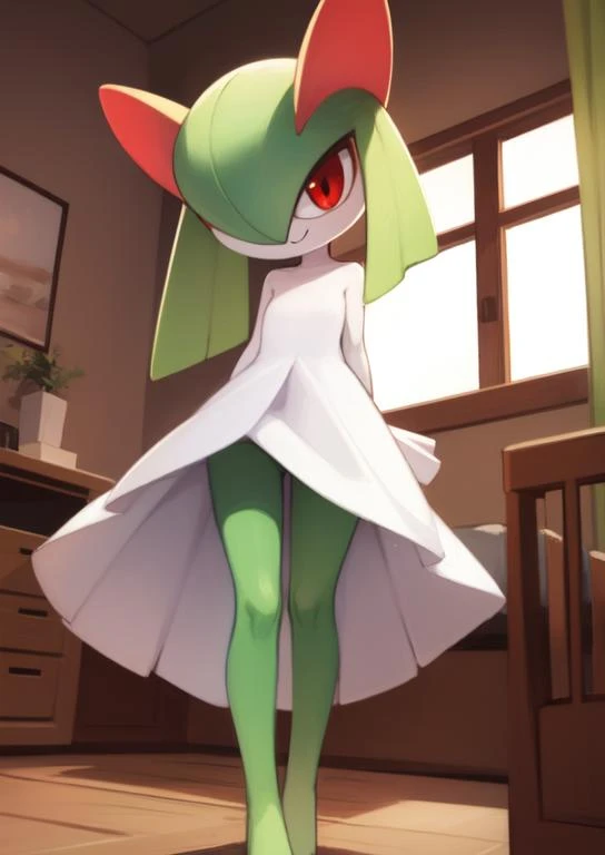 (masterpiece, best quality:1.2), extremely detailed, soft ambient lighting, sharp focus, 4K, BREAK <lora:kirlia_v1:0.8>, kirlia, green hair, red eyes, white dress, small breasts, green skin, smug, :3, BREAK indoors, bedroom, standing in bed, legs apart, arms crossed, from below, looking at viewer