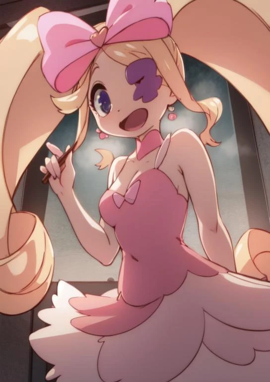 (masterpiece, best quality:1.2), extremely detailed, soft ambient lighting, sharp focus, 4K, BREAK <lora:nui-killlakill:1>, 1girl, solo, nui harime, long blonde twin tails, pink dress, happy, open mouth, BREAK standing, looking at viewer,