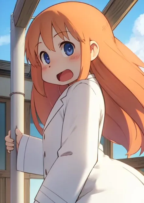 (masterpiece, best quality:1.2), extremely detailed, soft ambient lighting, sharp focus, 4K, BREAK <lora:nichijou4-768:1>, ncjstyle, 1girl, solo, orange hair, very long hair, sky, cloud, open mouth, day, outdoors, power lines, blush, blue sky, lab coat