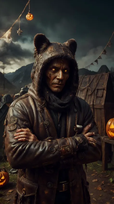 <lora:HalloweenGlowStyle:1>RAW Photo of HalloweenGlowStyle Black portrait, solo, (full body:0.6), looking at viewer, detailed background, detailed face, (victorian theme:1.1), trapper, trapmaker, smirk, dark fur lined leather clothing, coat, gloves, rugged, scarf, dynamic pose, rope, lure, traps, campsite background, fantasy frontier cinematic atmosphere,, (Masterpiece:1.3) (best quality:1.2) (high quality:1.1)