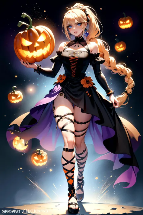 halloween, city, jack-o'-lantern, (pumpkin dress:1.2), <lora:HalloweenGlowStyle:0.5>, halloweenglowstyle,, barbarian woman, blue eyes, 170cm tall, (braided ponytail:1.2), (blonde hair:1.1), <lora:breastsizeslideroffset:-0.1>, (heavy upper lips:1.1), <lora:muscle_slider_v1:1>,, (masterpiece, high quality, best quality:1.3), Detailed, (full body:1.5)